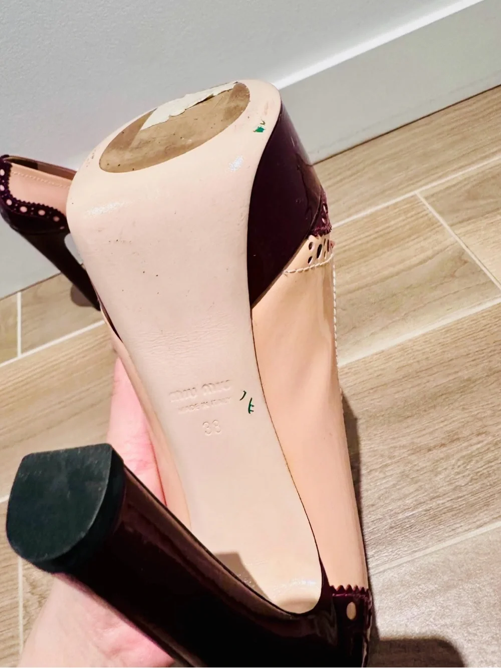 Miu Miu Two-Tone Pink and Burgundy Peep-Toe Bow Pumps - Picture 5 of 5